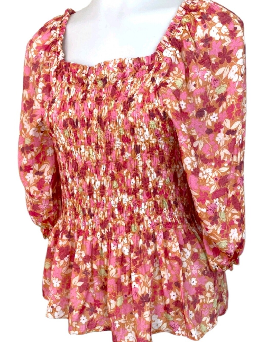 NANETTE LEPORE Pink Floral Smocked Peplum Peasant Top Puffed Elbow Sleeves Sz 8 - Picture 13 of 16